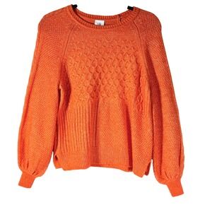 Cabi Bright Orange Textured Cable Knit Sweater Balloon Sleeve XS